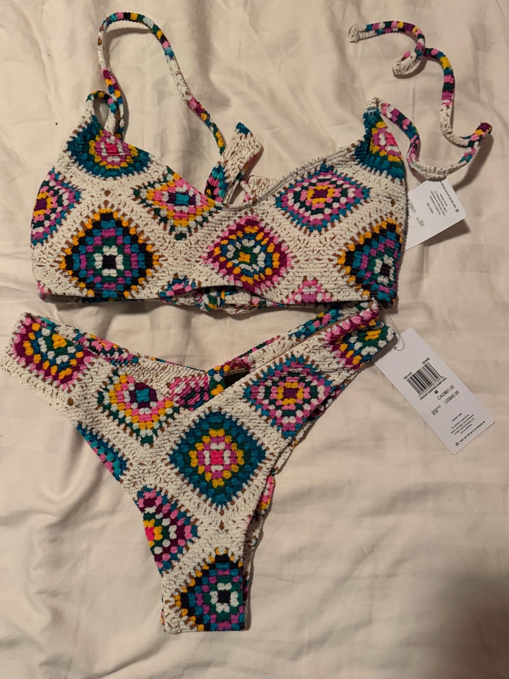 Hurley White Multicolor Crochet-Style Bikini Set